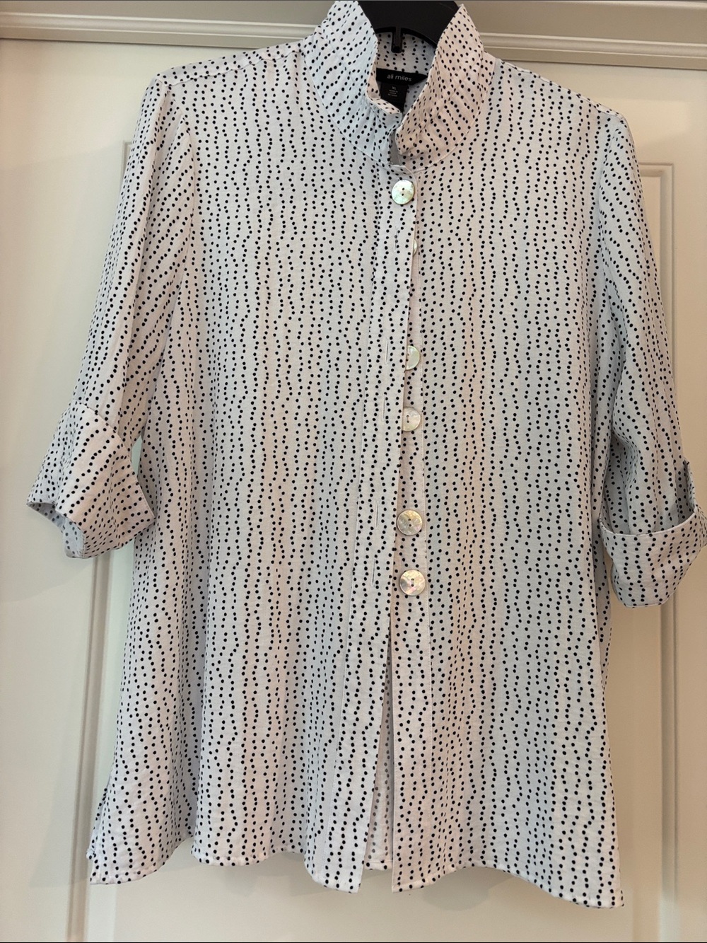 Ali Miles White Blouse with Black Dot Print and Wired Collar